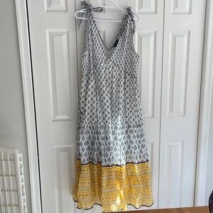 Anthropologie Ros Garden Sz L Evelyn Tie-Shoulder Tier Midi Dress Yellow white